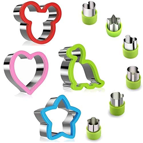 Stainless Steel Sandwich Cutters Set for Kids, 4 Pieces Bread Cutters Miki Mouse, Dinosaur, Star, Heart Shape and 6 Pieces Vegetable Fruit Cutter Crust Cutter for Bento Lunch or Kids’ Party Supplies