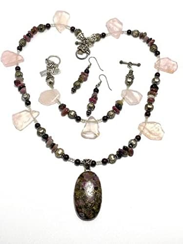 Handmade Jewelry Set - Tourmaline Pendant & Rose Quartz Necklace, Bracelet & Earrings # 165