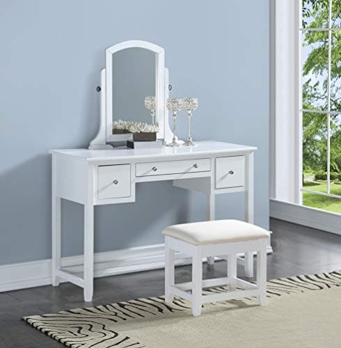 3-Piece Wood Make-Up Mirror Large Vanity Dresser Table and Stool Set, White