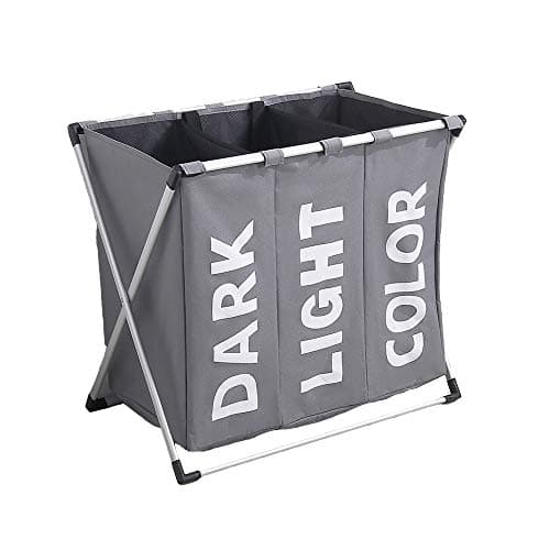 3 Sections Laundry Hamper with Waterproof bags & Aluminum X-frame, Folding Laundry Basket Dirty Clothes Sorter Bag, Gray Durable Dirty Clothes Bag for Bathroom Bedroom Home, College, 25''x15''x22''
