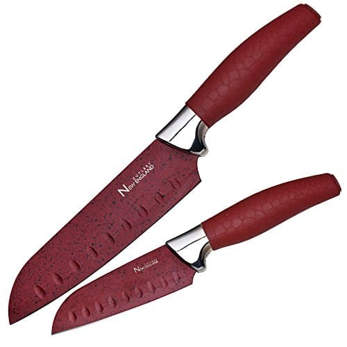 New England Cutlery Marble Finish Plus Santoku Knife Set, 5" and 7", Red
