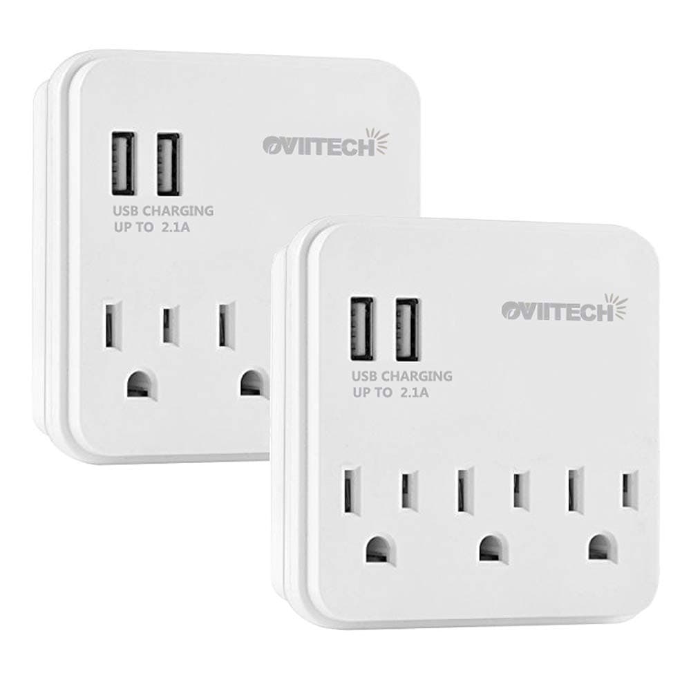 Oviitech 3 Outlet Multi Wall Mount Adapter,Surge Protector,Outlet with Dual 2.1A USB Charging Ports, Wall Plug Extender for Home Travel Office Hotel,White,ETL Listed,2 Pack