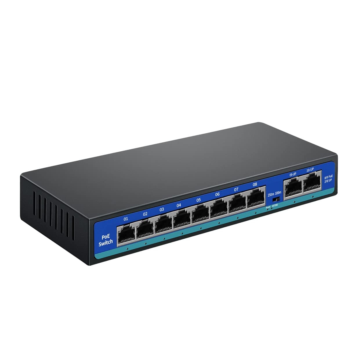 8 Port PoE Switch - 2 Uplink Ports, 120W, Fanless, Unmanaged, Metal Housing, IEEE 802.3af/at, Ideal for IP Cameras & PoE Devices