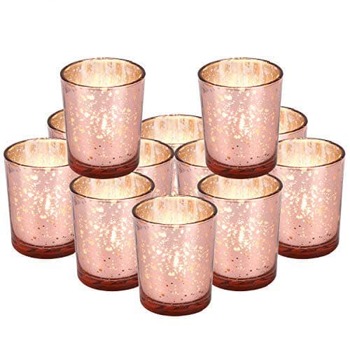 ERYTLLY Tealight Candles Holder, Warm Light Glow and Elegance Mercury Glass Votive Candle Holders Centerpieces for Tables, Weddings, Parties and Home Décor (Rose Gold 16 Packs)