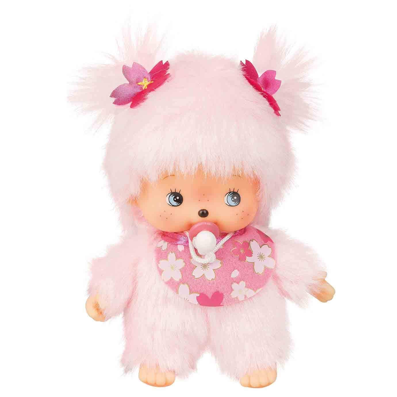 Sekiguchi 242443 Original Bebichhichi Girl Cherry Blossom Plush Toy with Bib and Braids with Flowers, Approx. 15 cm Large Cuddly Toy Made of Pink Plush