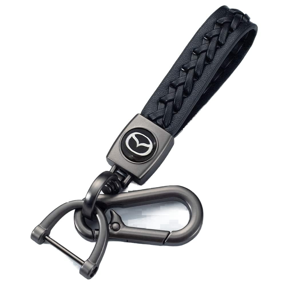 Wasben Black Color Car Logo Keychain Leather Braided Weave Key Lanyard Key Ring Car Accessories (Fit Mazda)