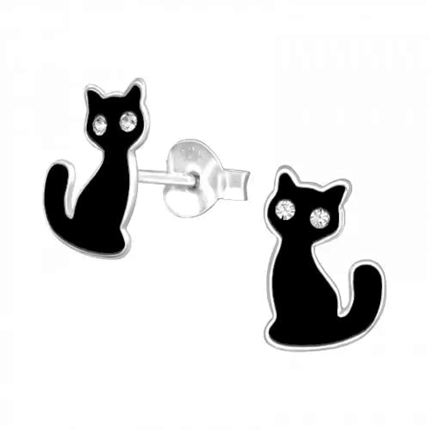 Black Cat Earrings with Crystal Stones - 925 Sterling Silver