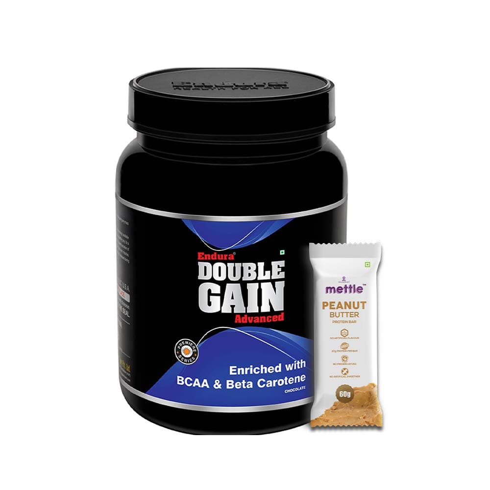 Endura Double Gain Advanced Mass Gainer Chocolate Flavour with Free Mettle Peanut Butter Protein bar (1kg+60g)