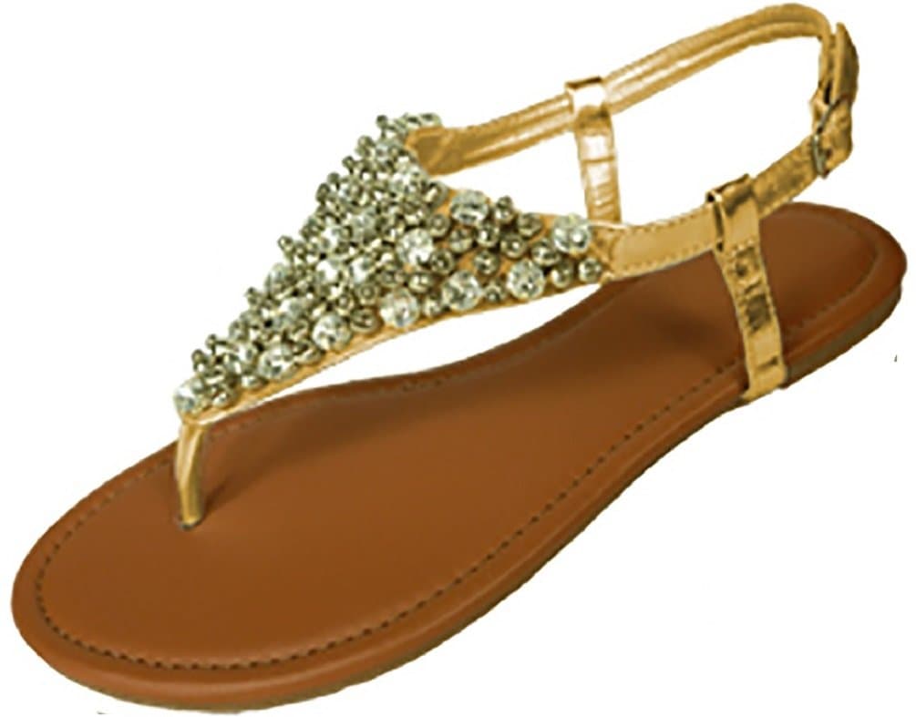Anig Womens T Strap Gladiator Sandals Flats Shoes W/Iridescent Rhinestones (6, Gold Rich-14)