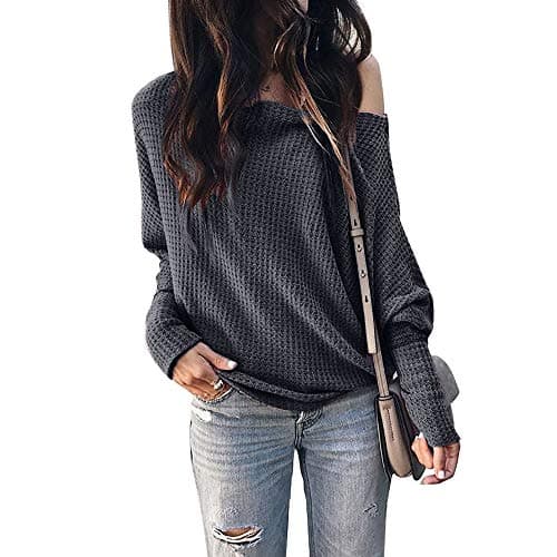 Okvpajdo Women's Off Shoulder Waffle Knit Long Sleeve Loose Pullover Tunic Tops Shirts Sweatshirt Dark Gray