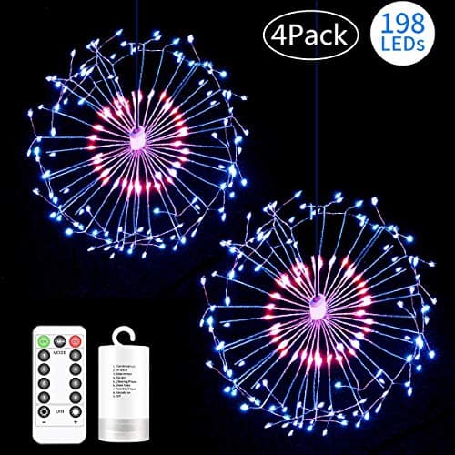 4 Pack Copper Fireworks Lights,198 LED 8 Modes Dimmable Dandelion String Lights,Battery Operated Hanging Starburst Light with Remote Control,Decorative Copper Wire Lights for Home,Patio,Outdoor