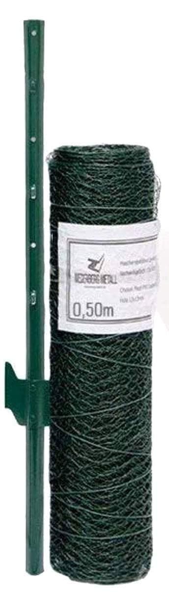 Wire Netting Fence + Metal Fence Posts | Hexagonal Chicken Wire Height 0,5m | Mesh 13x13mm | Roll 5m | Incl 4 Fence Posts Poles Height 80cm | Green PVC Coated Fencing for Animals and Plants