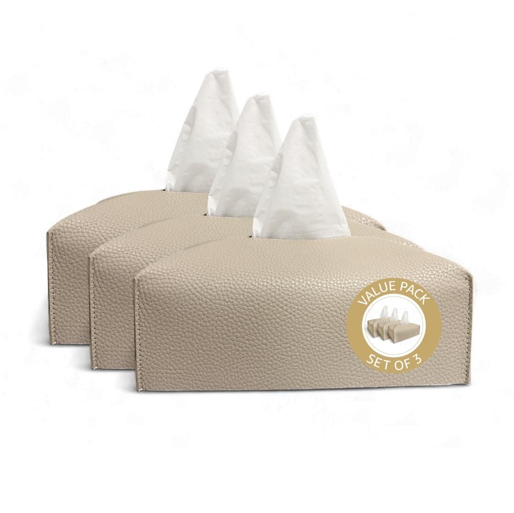 LEART Leather Tissue Box Cover PACK OF 3 – Elegant Tissue Box Holder for Home Office Car Hotel Decor | Living Room Bedroom Bathroom | Facial Tissue Holder, Car Tissue Box Holder (Camel - Pack of 3)