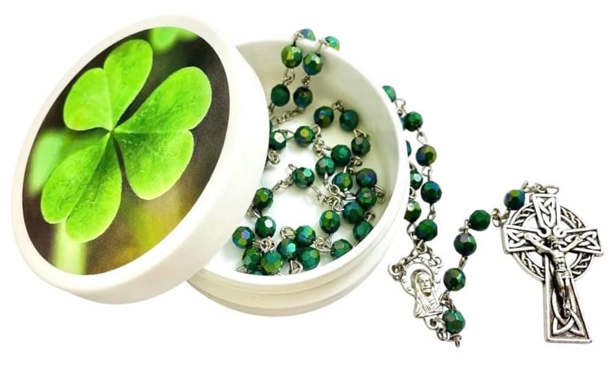Westmon Works Irish Shamrock Rosary Saint Patrick's Prayer Set with Green Ireland Beads Metal Celtic Crucifix and Holy Card in a Case