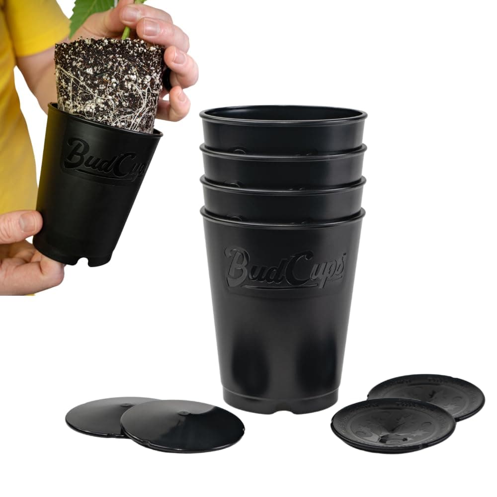 BudCups for Optimal Gardening | 16oz Nursery Pots | Removable Bottom Plate for Easy & Shock-Free Transplant | Triple Drainage for Water Control to Prevent Root Rot (Black, 4-Pack)