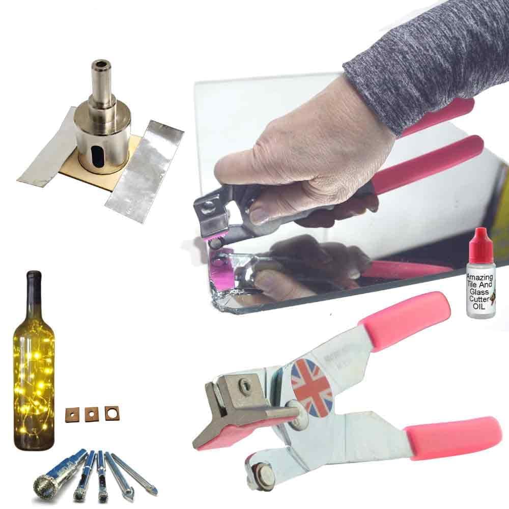 Mirror Cutting Tool - Kit for Glass – Drill Bits and Hole Saw Make Bottle Lights, Bird Feeders, Drainage in Pots, Cut Plates for Crafts, with Instructions How to Cut Mirrors and Drill Holes in Glass