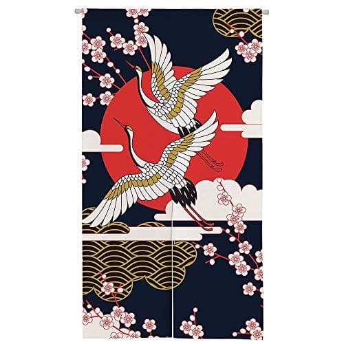Ofat Home Japanese Noren Doorway Curtain Wide, Artistic Crane and Sakura Tapestry Wall Hanging, Kitchen Partition Bedroom Door Decor, 33.5x59 in