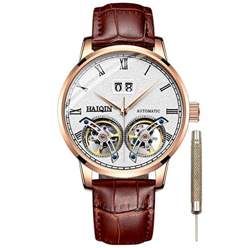 Mens Mechanical Watches Leather Band Automatic Double Tourbillon Watch for Men Waterproof Business Classic Wristwatches Self Wind Clock White Dial (Gold White 8821)…