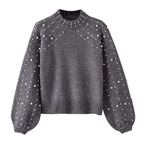 iLH Women's Round Neck Pearl Pullover Long Sleeve Pearl Knitted Sweater Blouse Pullovers Tops