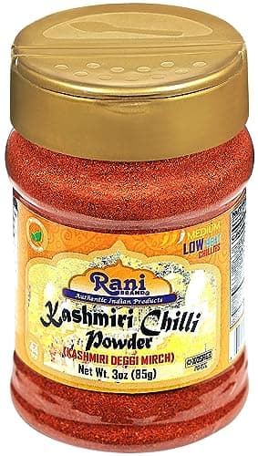 Rani Kashmiri Chilli Powder (Deggi Mirch, Low Heat) Ground Indian Spice 3oz (85g) PET Jar ~ All Natural | Salt-Free | Vegan | Kosher | Gluten Friendly | Perfect for Deviled Eggs & Other Low Heat