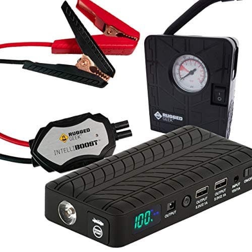 RUGGED GEEK RG1000 Safety Plus 1000 Amp Portable Car Jump Battery Pack Jump Box and USB/Laptop Power Supply with LED Display, INTELLIBOOST Safe Cables, Flashlight, and 12V AIR Compressor/Pump!