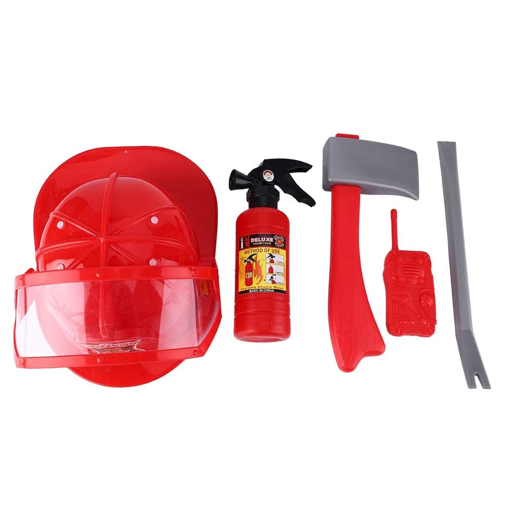 VGEBY Firefighter Toy, 5Pcs Fireman Pretend Play Toy Set Cosplay Game Helmet with Fire Extinguisher, Intercom, Axe, Wrench for Children