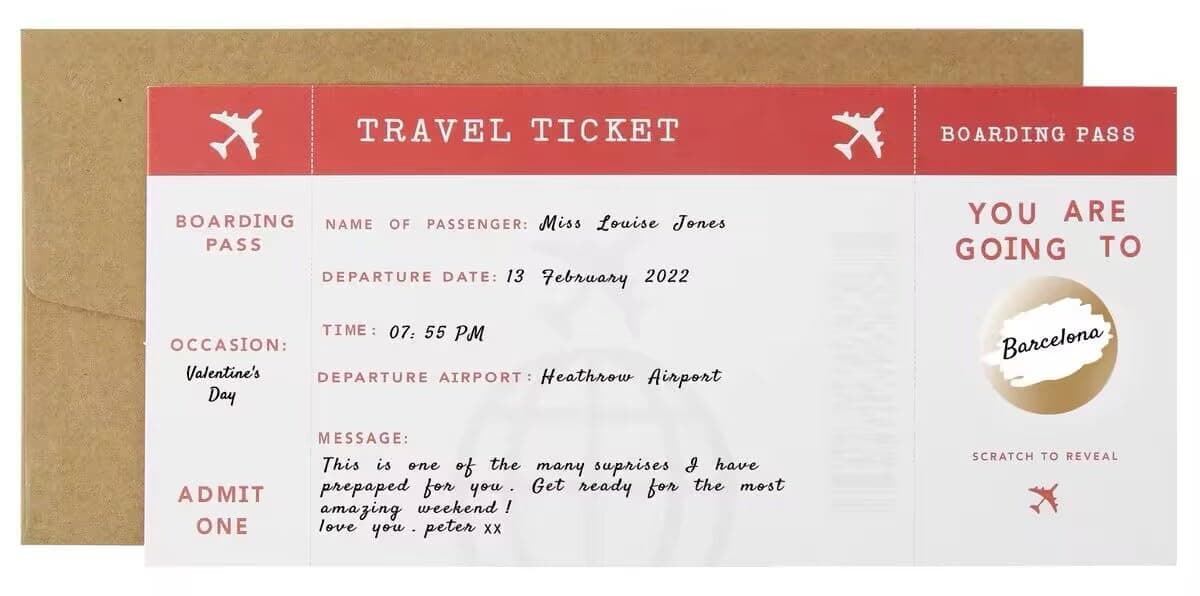 CJ&M Personalised AEROPLANE Scratch Boarding Pass, Surprise Holiday, Vacation, Birthday gift, Faux fake boarding pass, Surprise travel reveal