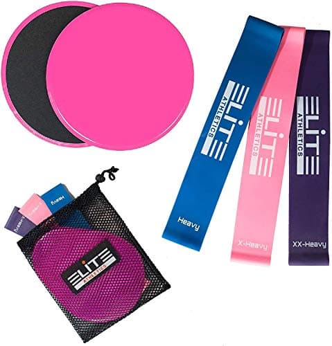 Elite Athletics Gliding Discs Core Sliders Set of 2 and Exercise Mini Resistance Bands with Carry Bag for Intense Low-Impact Exercises to Strengthen Core Glutes Abs, Set.