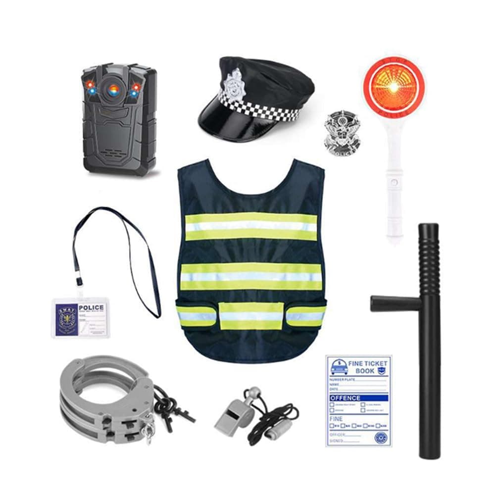 AMERTEER Police Officer Costume For Kids - Complete Role Play Kit With Police Badge, Handcuffs, Flashlight, Perfect For Kids Policeman Dress, Ideal For Halloween, Birthday Parties, and Pretend Play