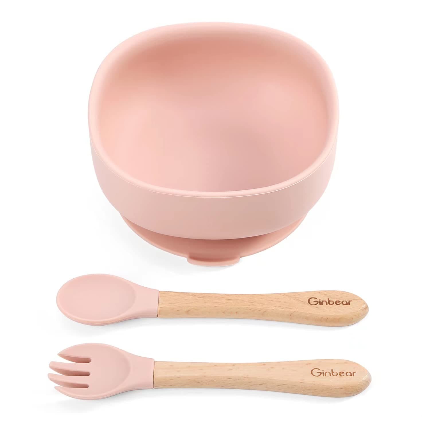 Ginbear Suction Bowls for Baby Girl, Baby Led Weaning Spoon and Fork, Baby Dishes and Utensils Set for Toddlers, Silicone Baby Feeding Set 6-12 Months (Baby Pink)