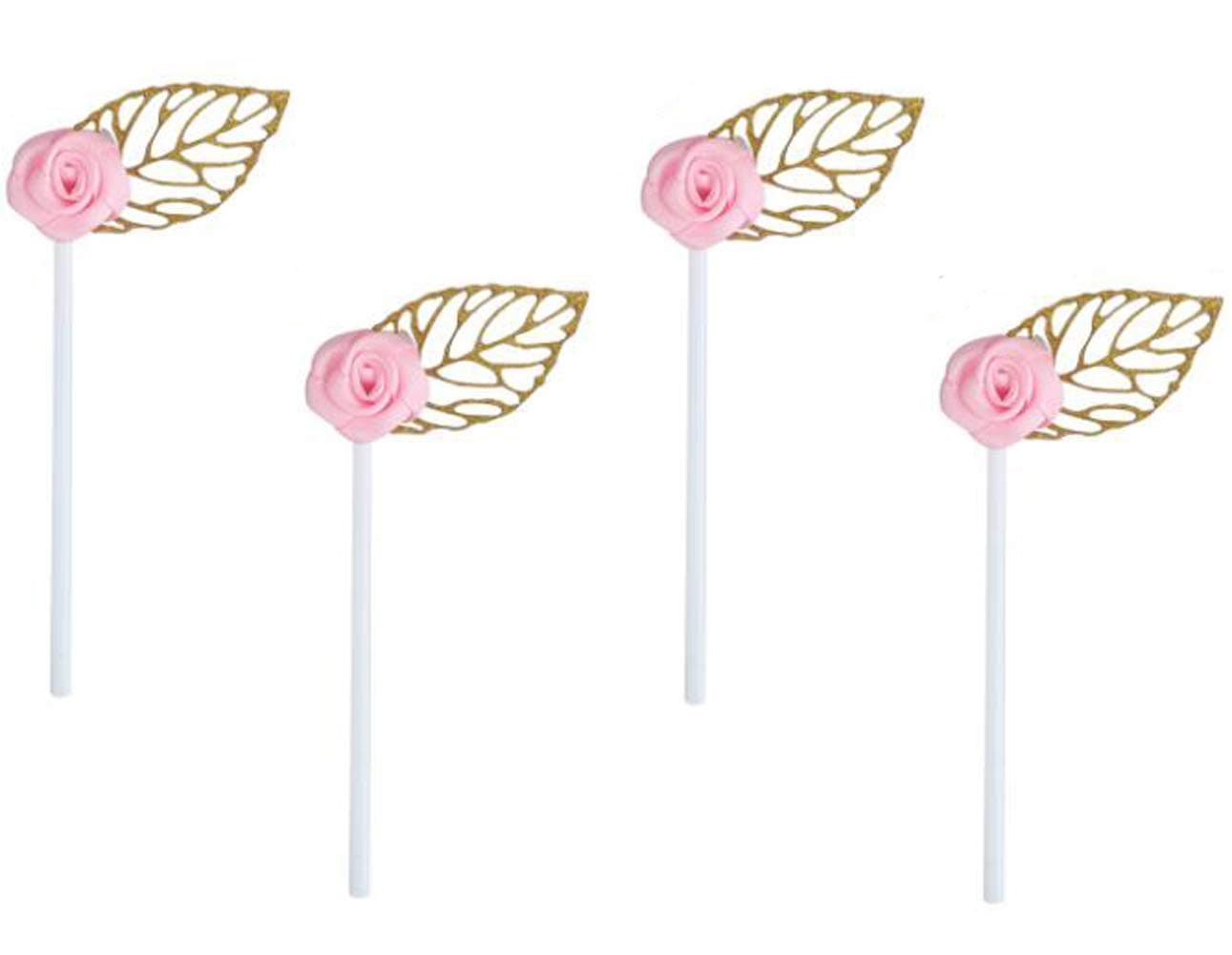 24 Pack of Glitter Gold Leaf Cupcake Toppers with Pink Rose Flower for Birthday Party Baby Shower Wedding Bridal Shower Cake Decoration