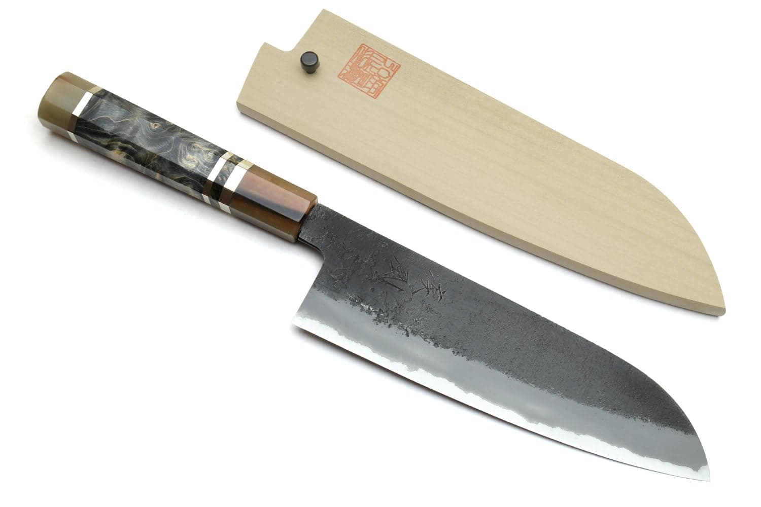 Hayate Hinoura Kurouchi Black-Forged Blue Steel Stainless Clad Santoku Multipurpose Knife (7" (180mm) & Saya)