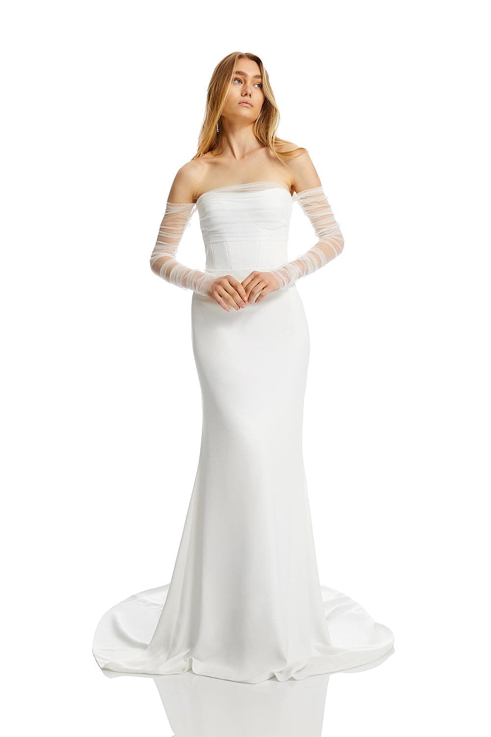 Long Wedding Tulle Gloves - White Pearl Bridal Elbow Length Summer Fingerless Gloves for Women and Girls