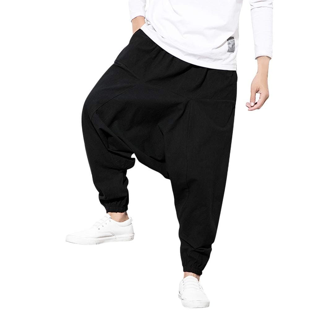 IFOUNDYOU Men's Harem Pants Boho Hippie Wide Baggy Trousers with Drop Crotch Comfortable Elastic Waist Drawstring Pants Bottoms Plus Size
