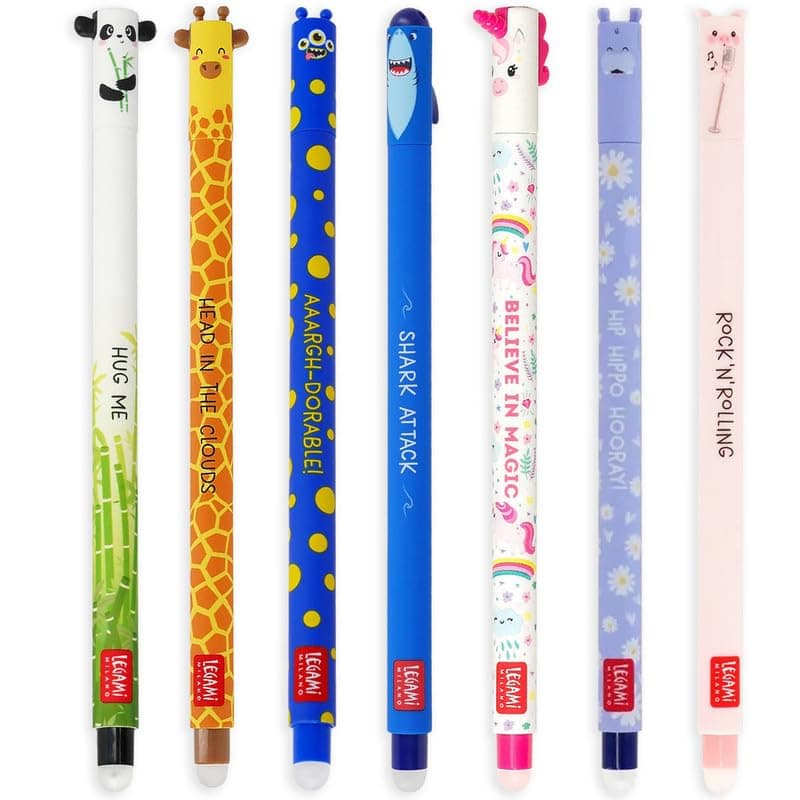 Set of 7 Erasable Gel Pens with Thermosensitive Erase Ink, Range of ink colours & barrel designs, 0.7mm Tip, Panda, Corgi, Lion, Giraffe, Elephant, Shark, Hippo Designs
