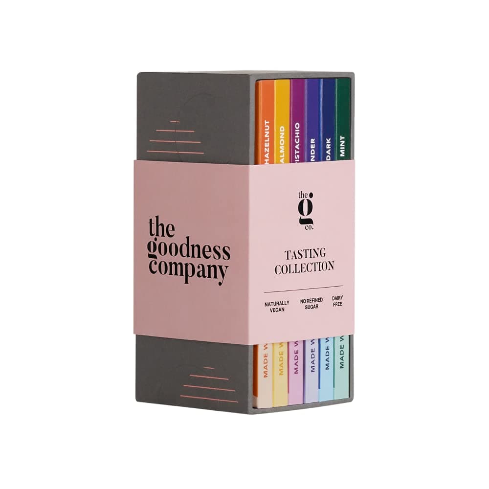 The G Co. Tasting Collection Vegan Chocolates 420g, Gift Box with 6 Exquisite Flavors - Dairy Free, Sweetened with Dates, Healthy, Natural Ingredients - (Pack of 6 x 70g)