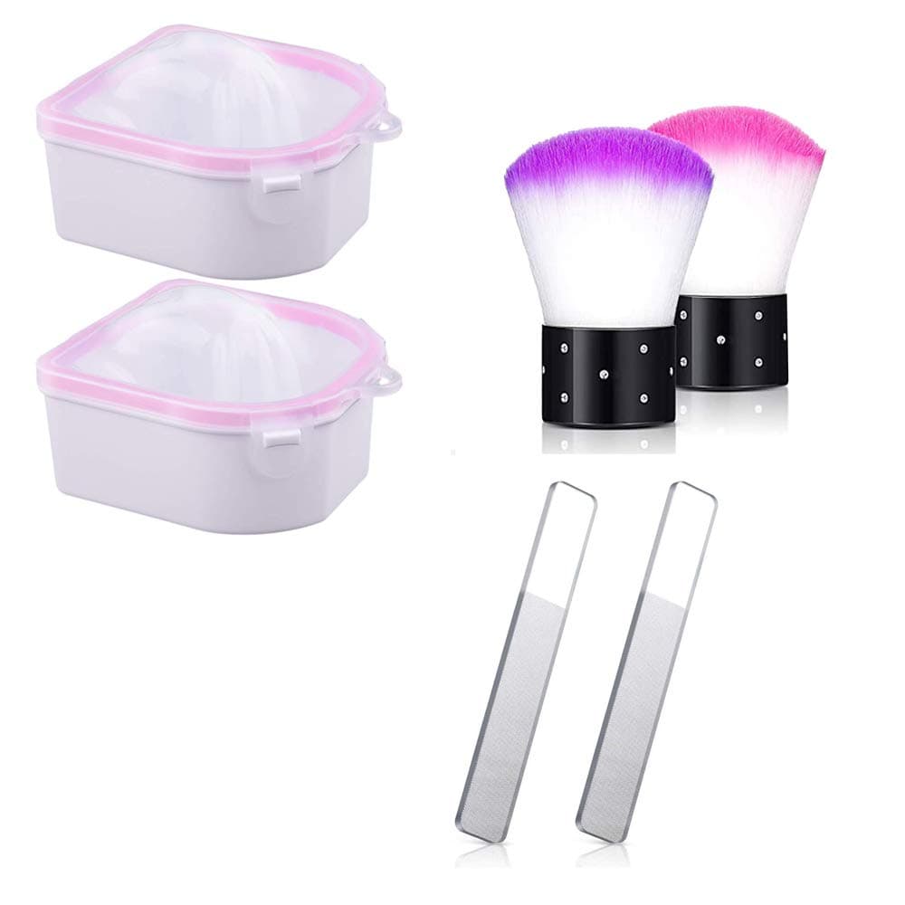 Youery 2pcs Nail Soaking Bowl,2pcs Nail File,2pcs Nail Brush,Soak Off Bowls,Warm Water Manicure Bowl,Soaker Tray,Professional Nano Crystal Glass Nail File,Nail Arts Dust Cleaner Makeup Brushes