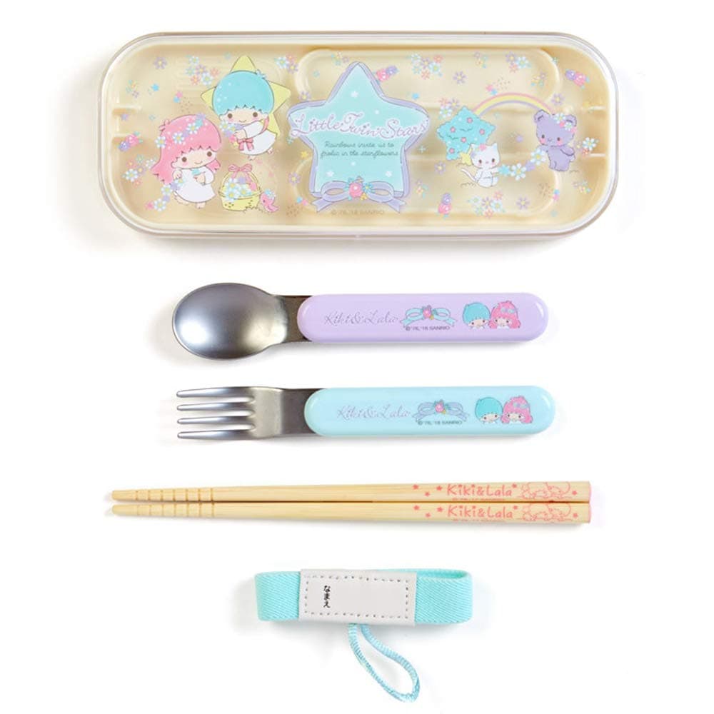 Sanrio Original Little Twin Stars Portable Spoon Fork Chopsticks and Case Set : Flower