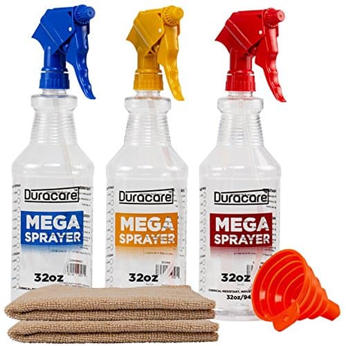 Duracare Spray Bottles for Cleaning Solutions, Industrial Strength, Chemical Resistant and Leak Proof 32oz Plastic Spray Bottles (3 Pack) Adjustable Nozzle - 2 Microfiber Cloths & Collapsible Funnel