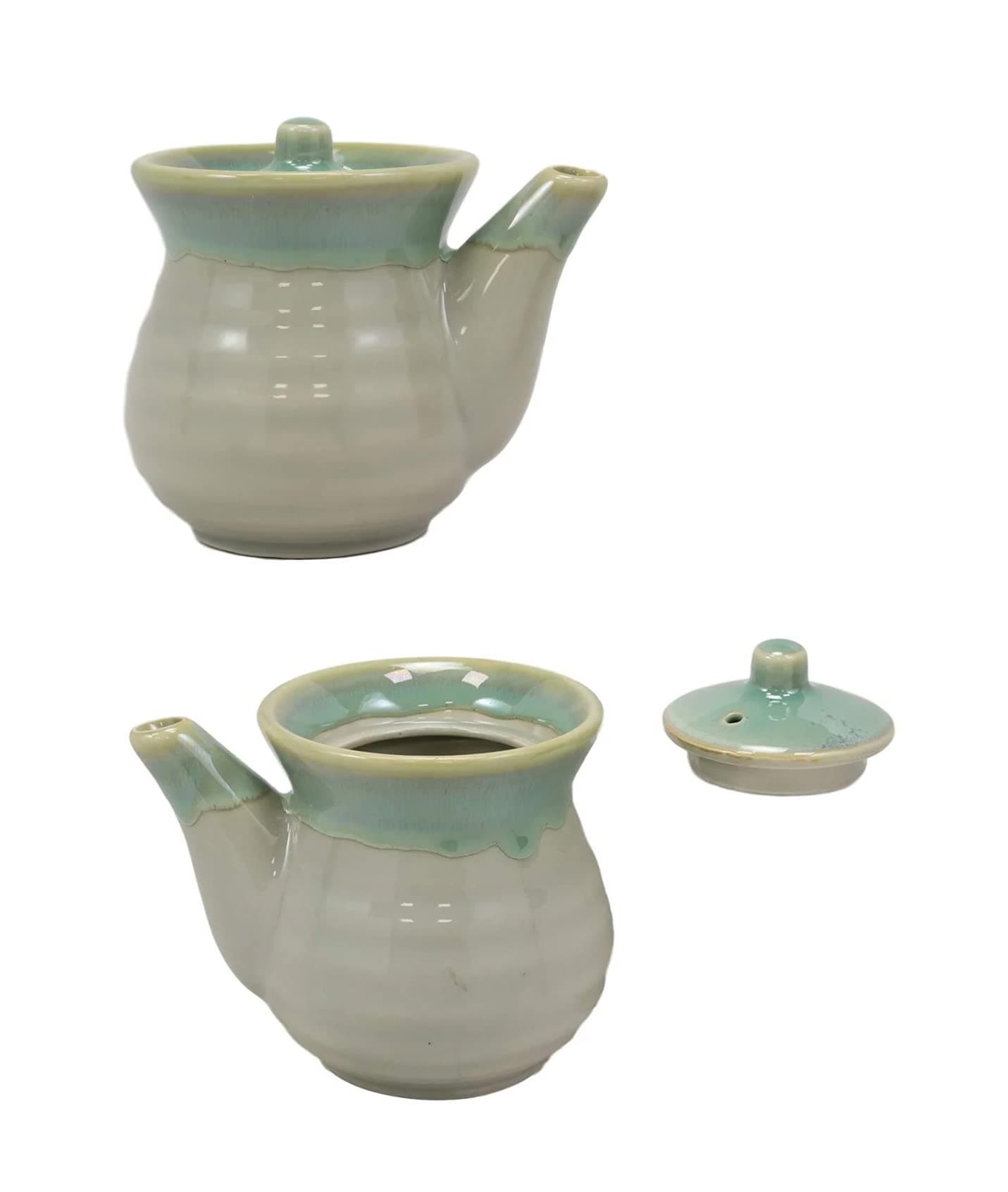 2733, Soy Sauce Dispenser Traditional Japanese Tenmoku Pottery Shoyu Bottle Pot Mini Teapot, Made in Japan, 8 oz, Green, Pack of 2