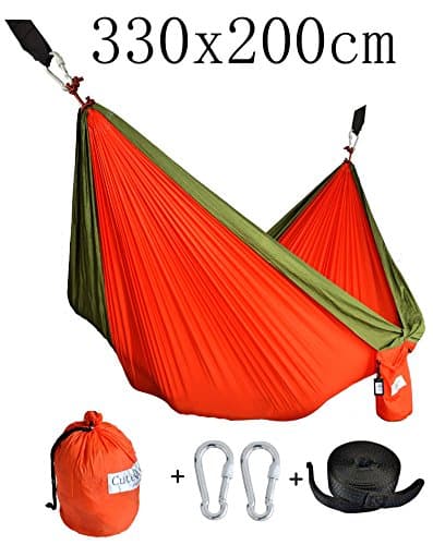 Cutequeen Trading Double Nest Ultralight Portable Outfitters Parachute Nylon Fabric Hammock for Travel Camping,Backpacking,Kayaking,Color: Orange/Green