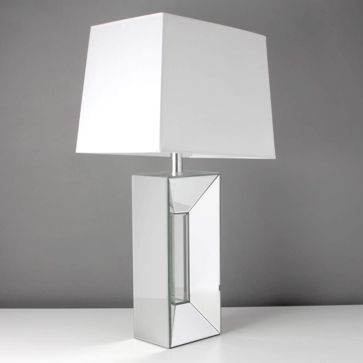 Mirror Glass Table Buffet Bedside Lamp & White Shade