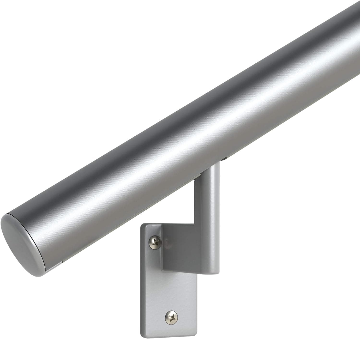 Promenaid Silver 1.5ft Flush Handrail Kit - Complete Indoor/Outdoor Stair Handrail - Modern 1.6" Round Satin-Anodized Aluminum Railing with 2 Silver Painted Pivoting Wall Brackets & Flush Endcaps