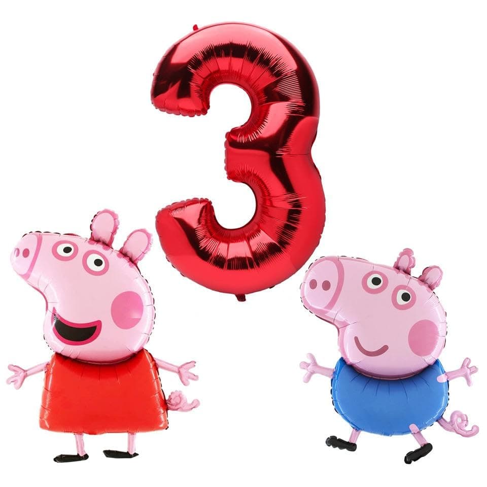 Peppa & George Pig Foil Balloon Pack - 2 x 37" Character Shape Balloons & 1 x 40" Number Balloon - Kids Party Decorations