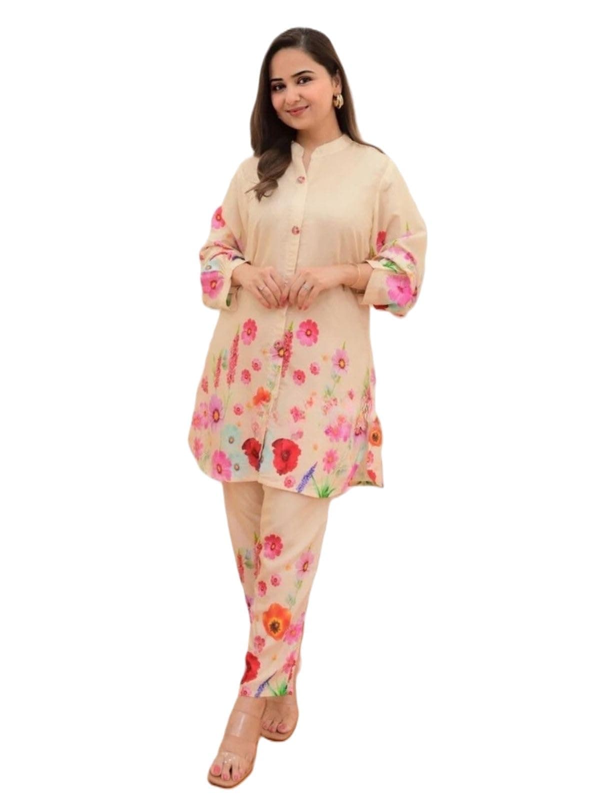 Rayon Floral Regular Fit Stylish Kurta Ethnic for 3/4 Sleeve Women Co-ord Set (GL-W1817_Cream_3XL)