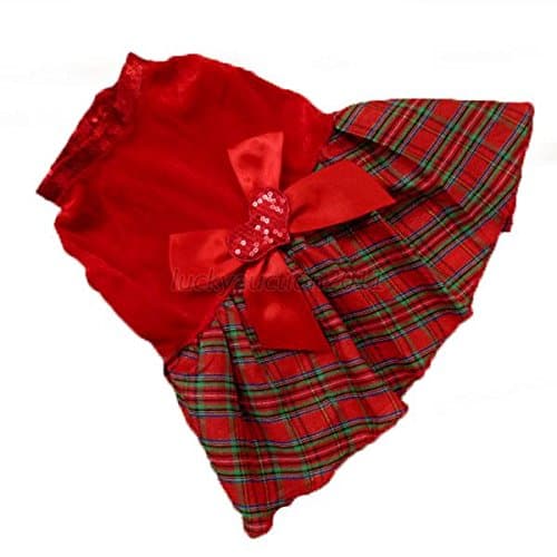 Puppy Pet Dog Red Plaid Tutu Dress Xmas Bow Skirt Clothes Cat Costume 5 Size L95