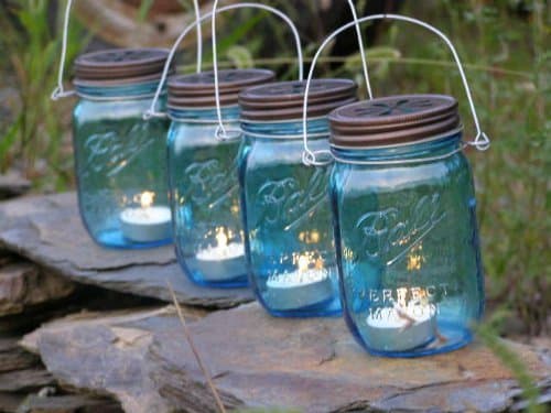 Four Blue Glass Mason Jar Lanterns Heritage Collection Candle Holder