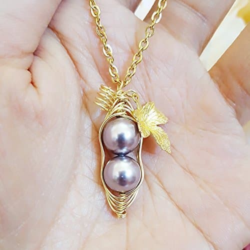Gold Leaf Swarovski Birthstone Pearl for FEB Peapod Necklace, Amethyst 2 Peas in a Pod Necklace, Best Friend Gift, Birthday Gift (FEB)