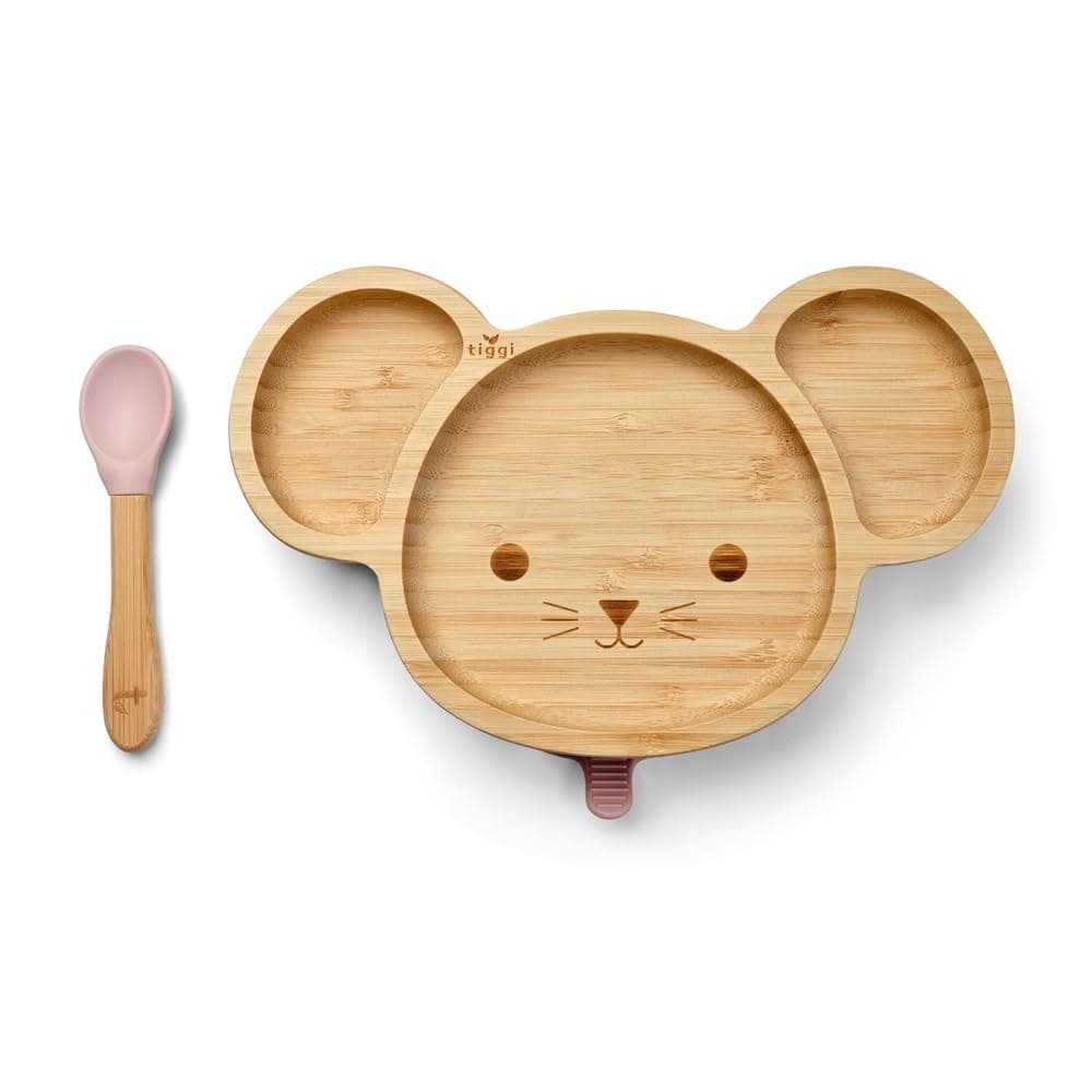 Tiggi Bamboo Baby Plate - Complete Weaning Set, Strong Suction, BPA-Free, Bamboo Plates, Ideal Baby Plate for Easy Feeding and Clean-Up (Mouse, Dusky Pink)