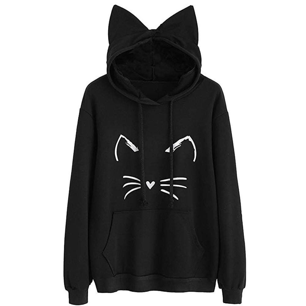 Womens Japanese Kawaii Style Kitty Cat Print Pocket Long Sleeve Thin Hoodie Tops